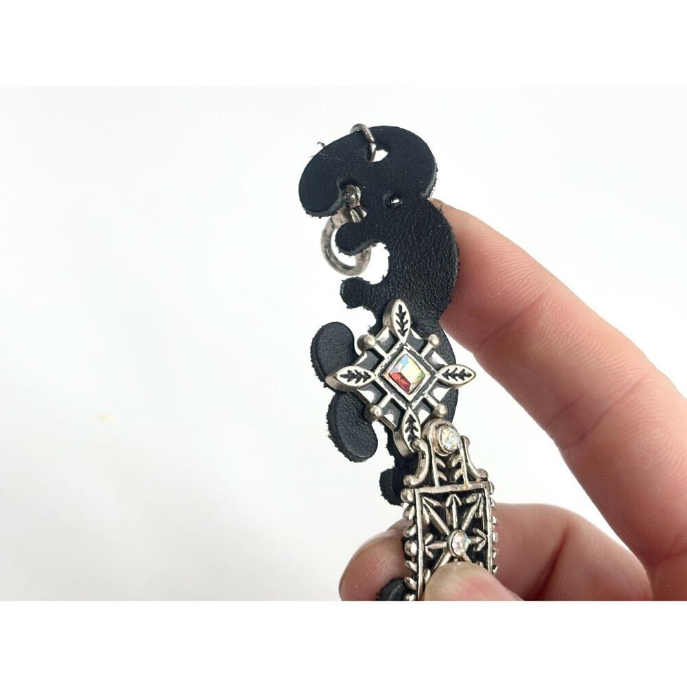 Faux Black Leather Boho Gemstone Silver T Adjustable Vintage Bracelet - 7" - 9" - Picture 9 of 14
